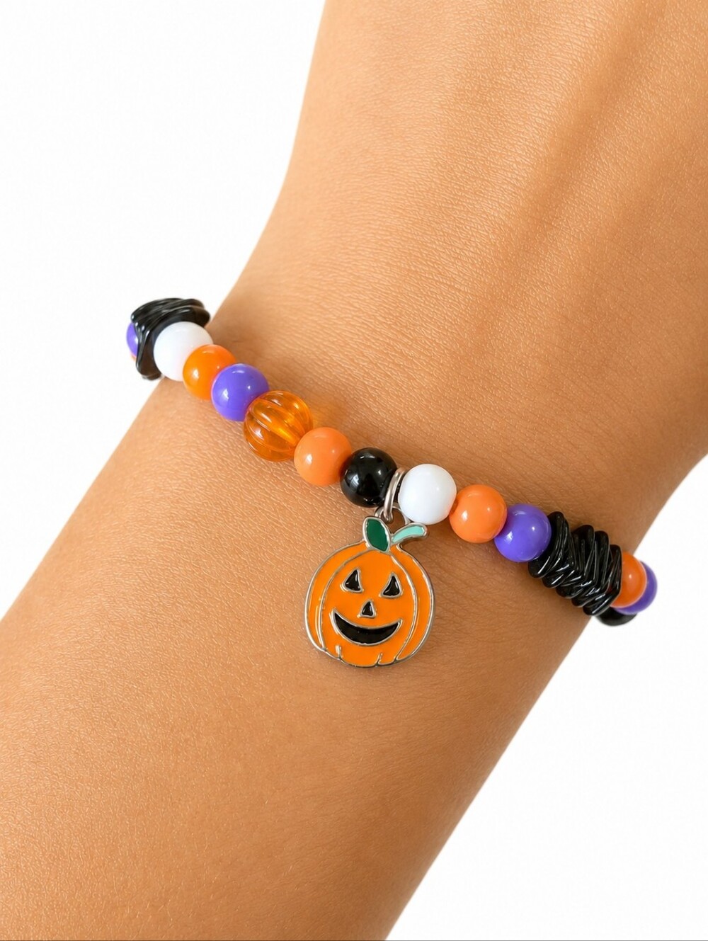Halloween Beaded Pumpkin Charm Bracelet Stretch Fit Holiday Fashion Jewelry